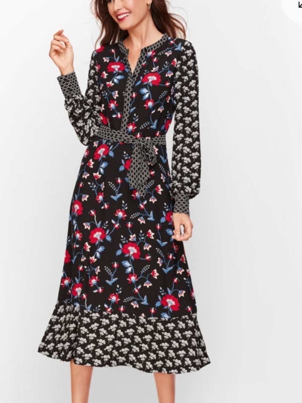 Talbots Floral Tie-Waist Long Sleeve Black Dress size 14p - Picture 1 of 8
